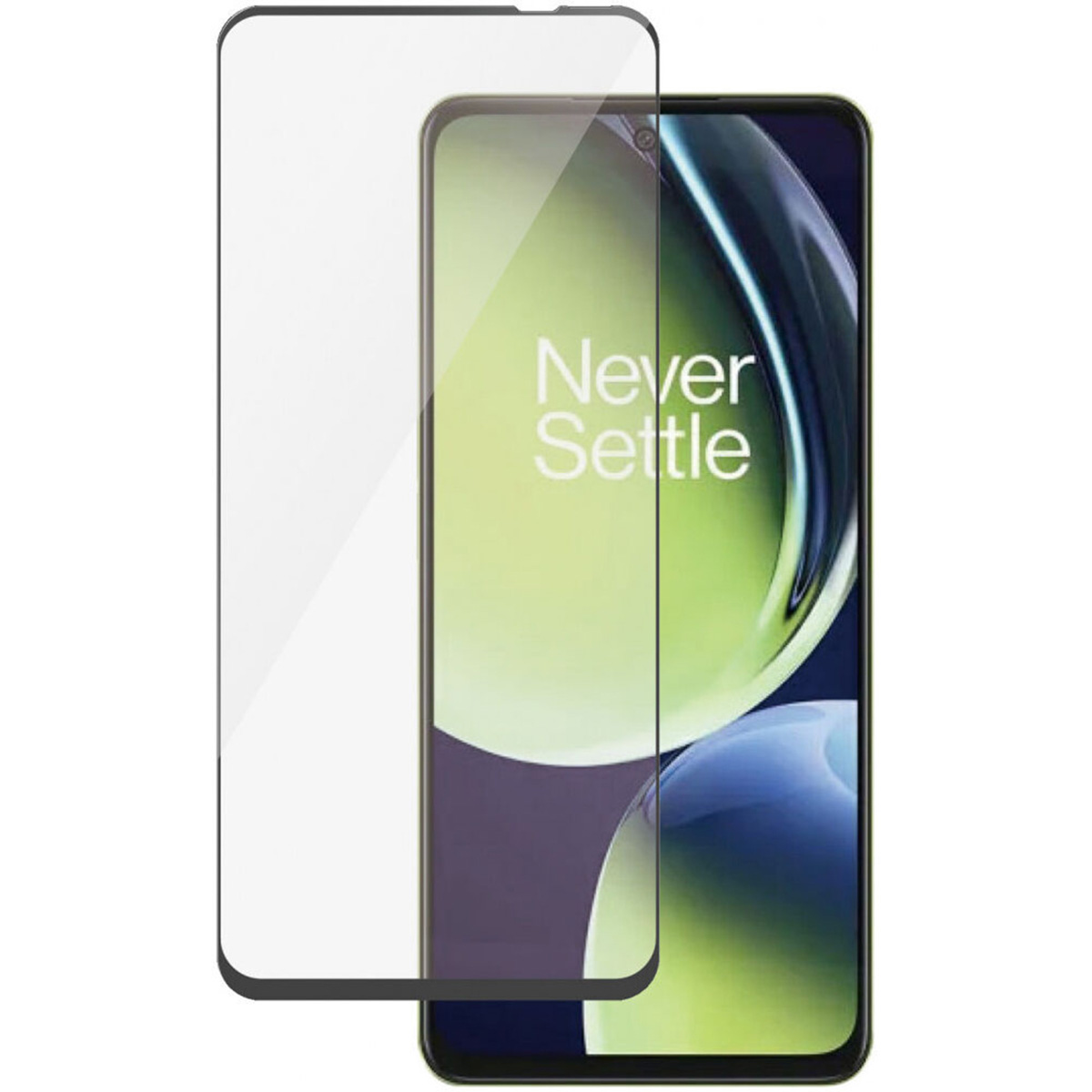 Phone screen protector and phone. The phone has the words Never Settle.