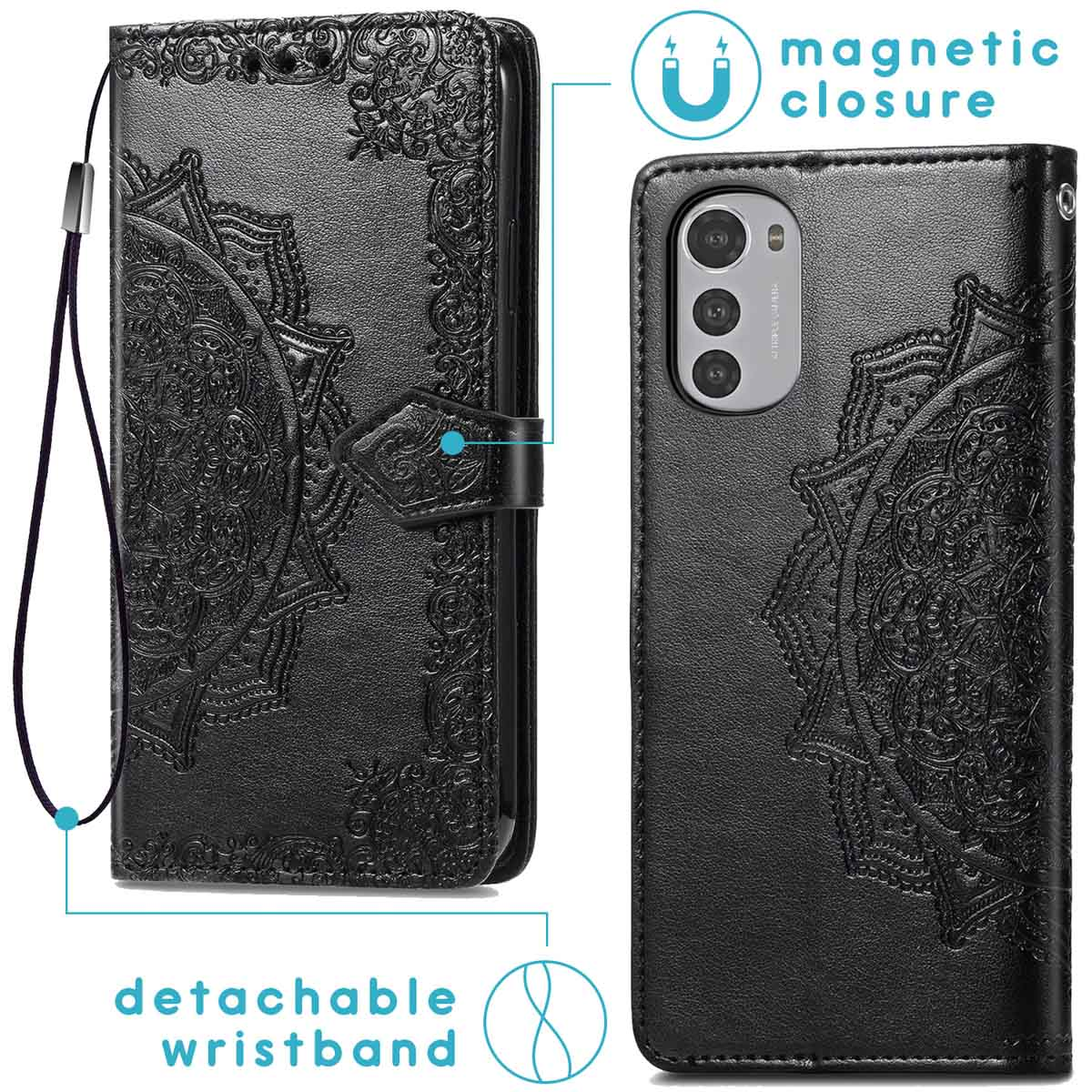 Coque de téléphone noire avec un motif floral en relief. Elle est munie d'une dragonne amovible. Le fond est blanc.