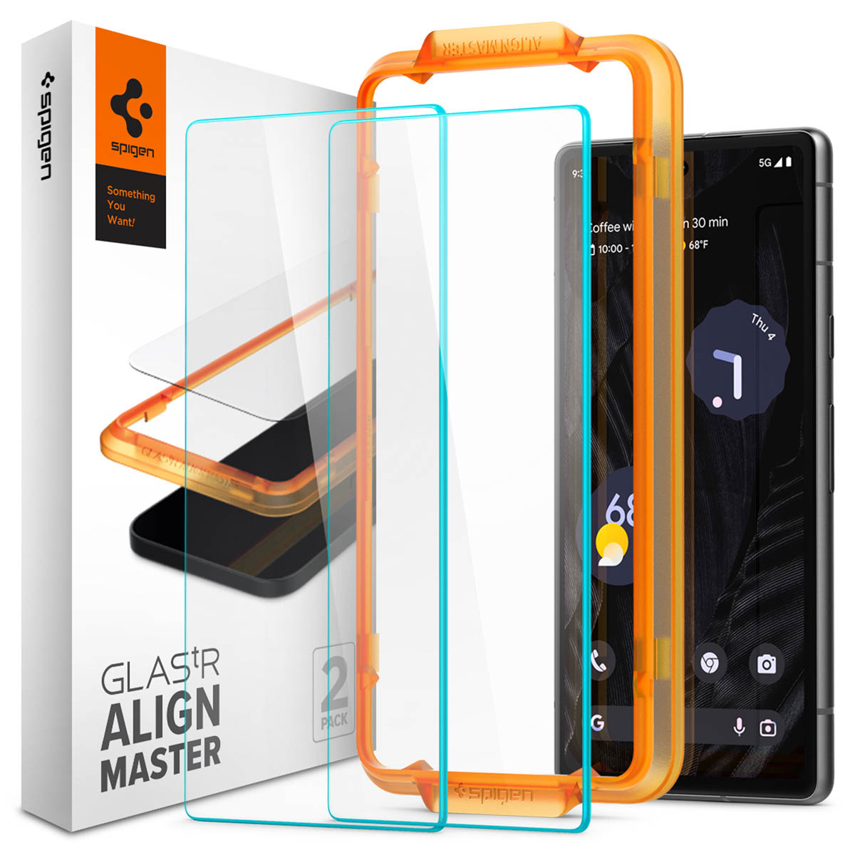 Kit de protection d'écran de téléphone. Comprend des protecteurs d'écran et un cadre pour l'alignement. Le téléphone est visible. Boîte blanche.