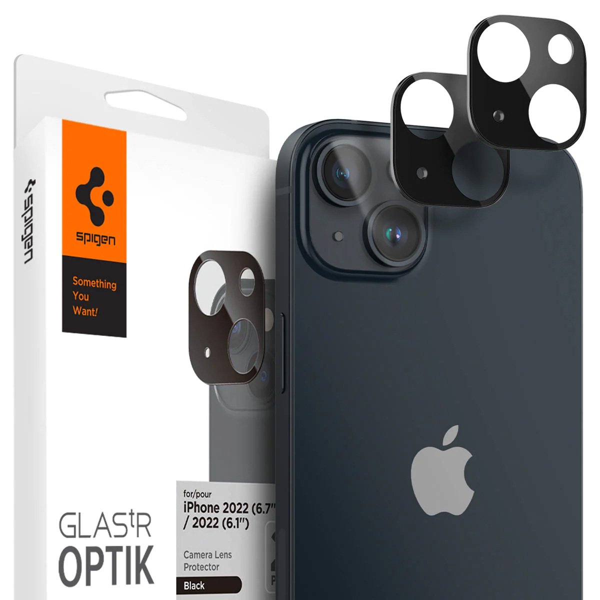 iPhone noir avec protecteurs d'objectif d'appareil photo et emballage. L'emballage affiche le logo et le texte Spigen.