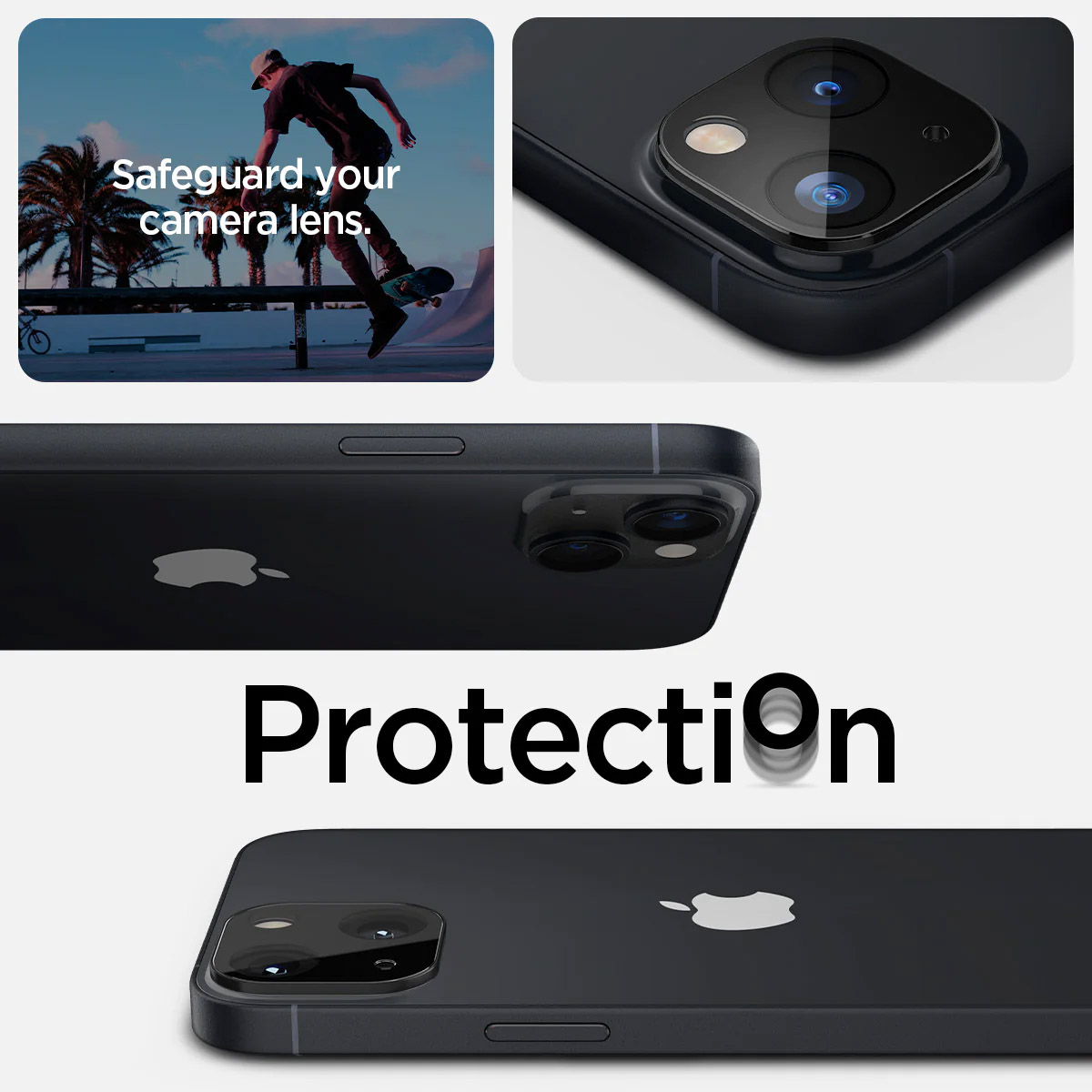 Un téléphone noir avec un protecteur d'objectif. Un skateur en arrière-plan.