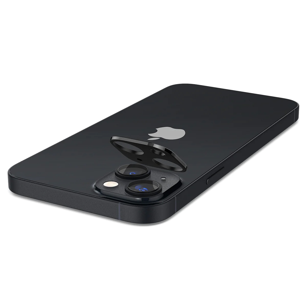 Un téléphone noir avec des protecteurs d'objectif, posé sur une surface blanche.
