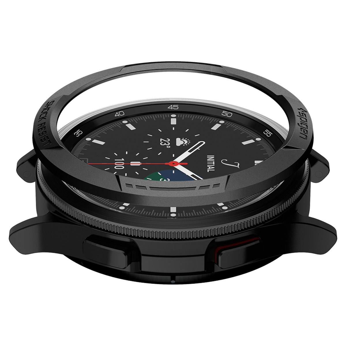 Een zwart horloge met een zwarte kast, met een zwarte ring rond het scherm.