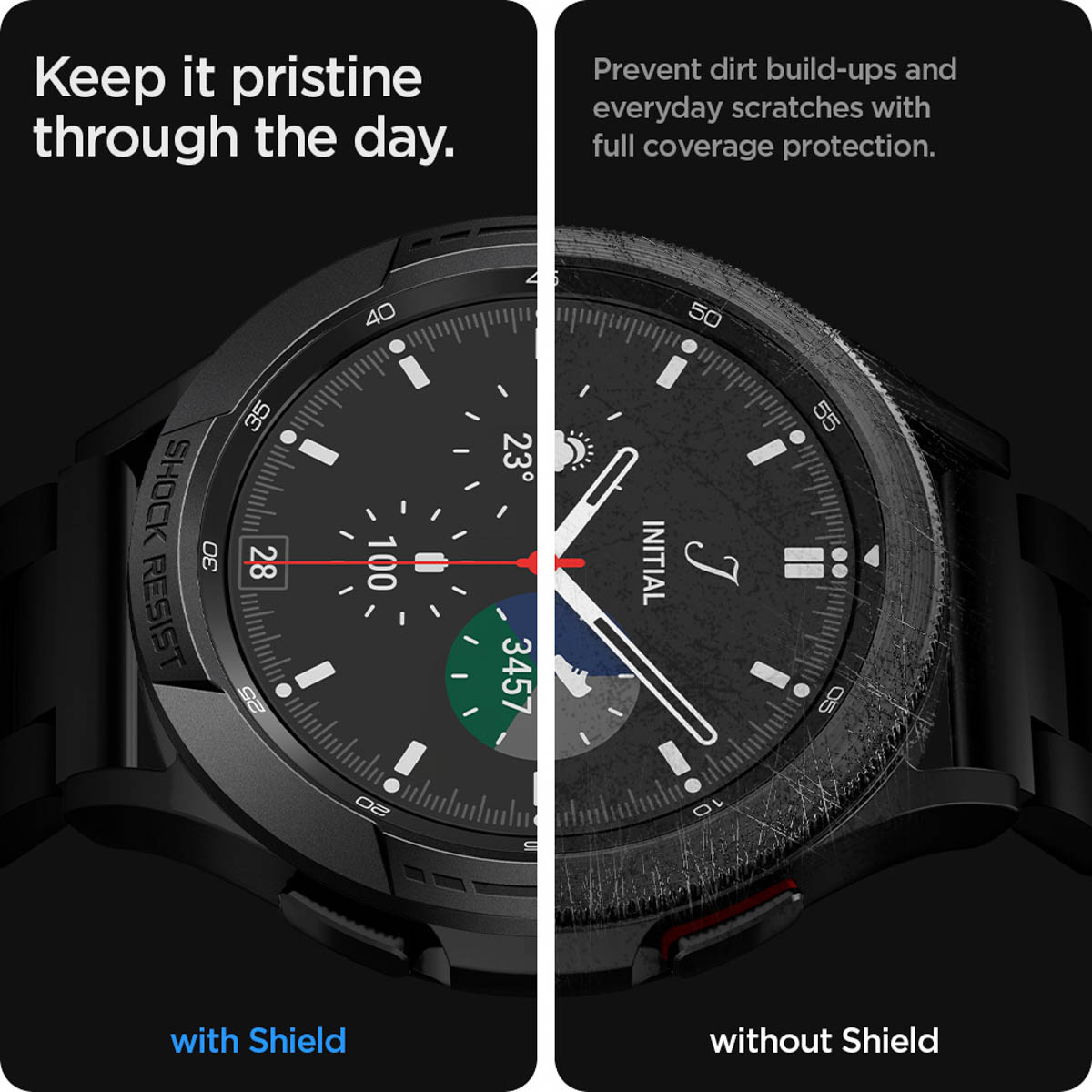 Zwarte smartwatch met schild links, zonder schild rechts. Toont schermdetails.