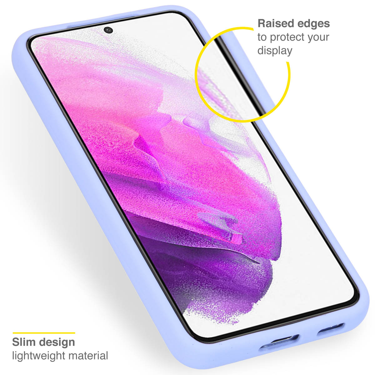 Eine hellviolette Handyhülle schützt ein Telefon. Die Hülle hat erhöhte Kanten und ein schlankes Design.