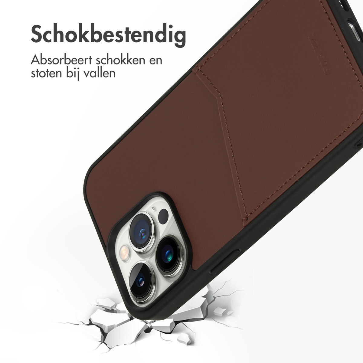 Bruine telefoonhoes met een vakje. Absorbeert schokken bij het vallen van de telefoon.