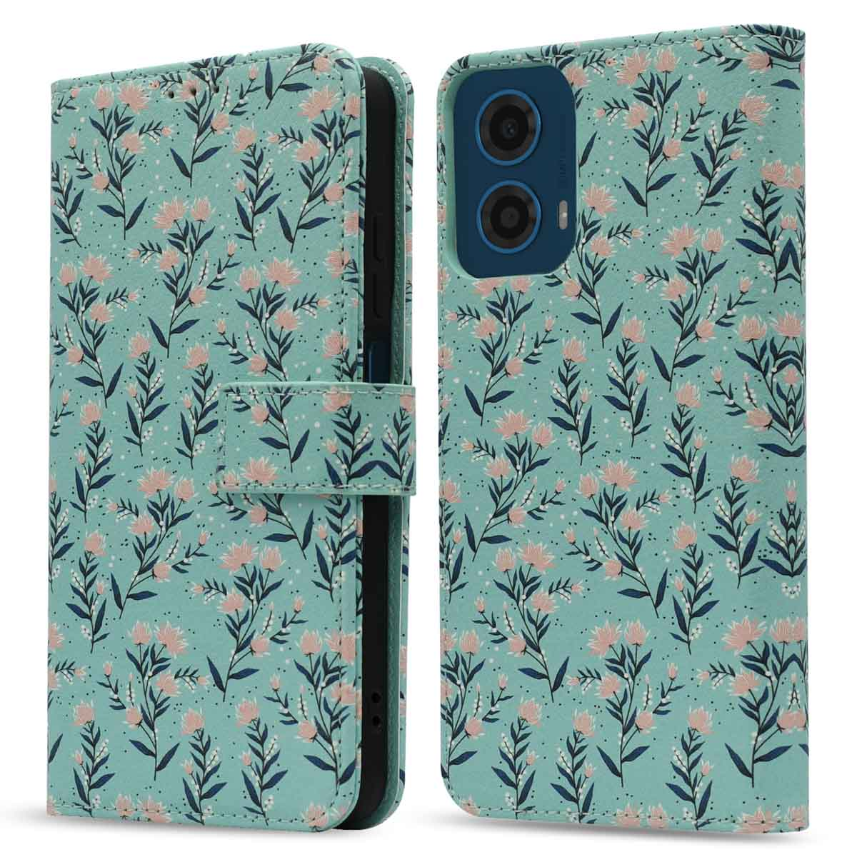 Een turquoise telefoonhoesje met roze bloemmotieven is open, met een telefoon te zien.