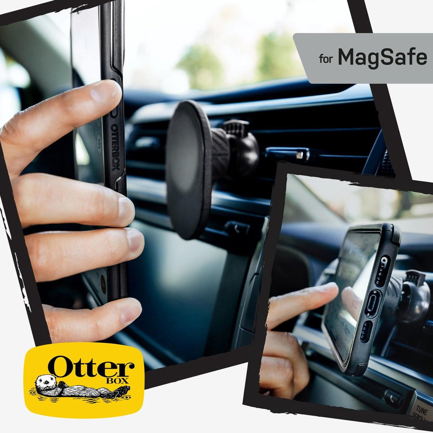 Phone in car mount, hand holding, interior view, yellow logo.