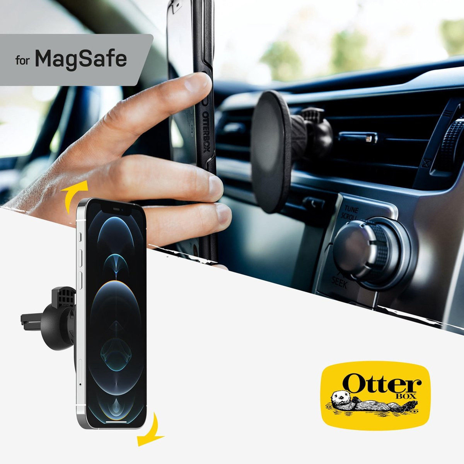 A phone held by a hand, attached to a car vent mount, with an OtterBox logo in the background.