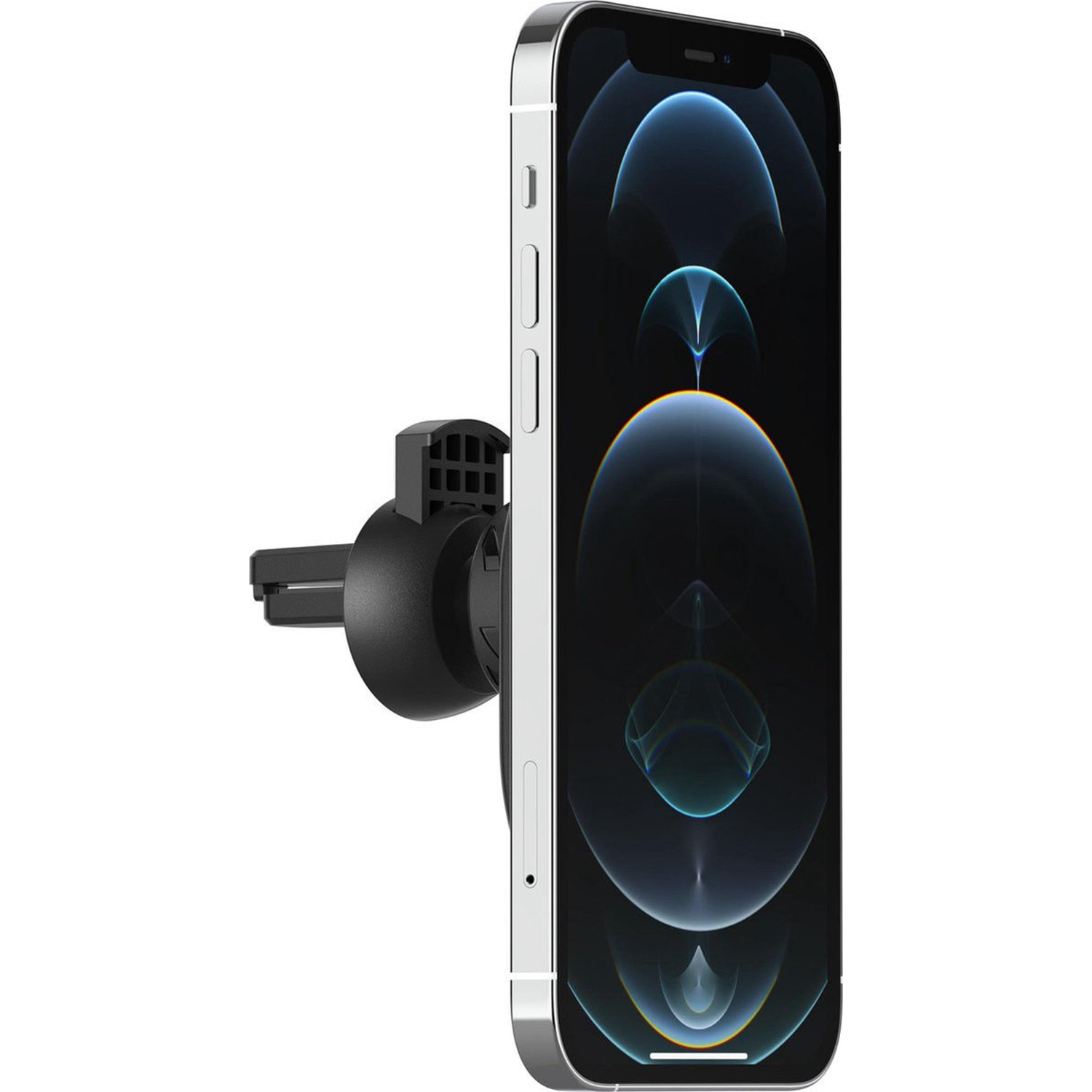 A phone is mounted in a car vent holder. The phone is showing a colorful screen.