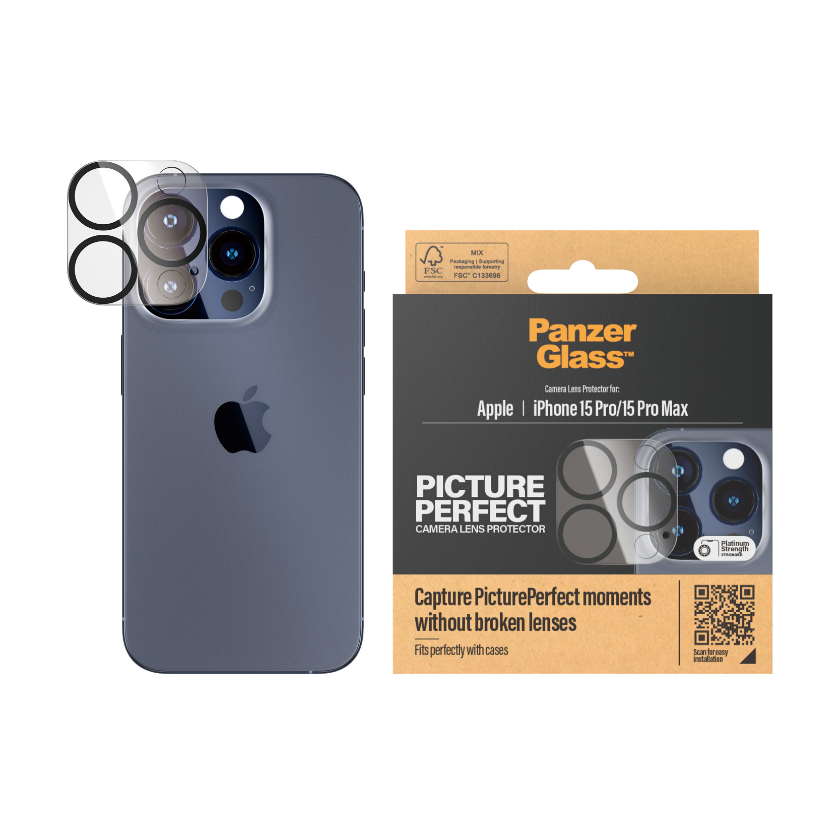 An iPhone 15 Pro with a camera lens protector and a Panzer Glass box are displayed on a white background.