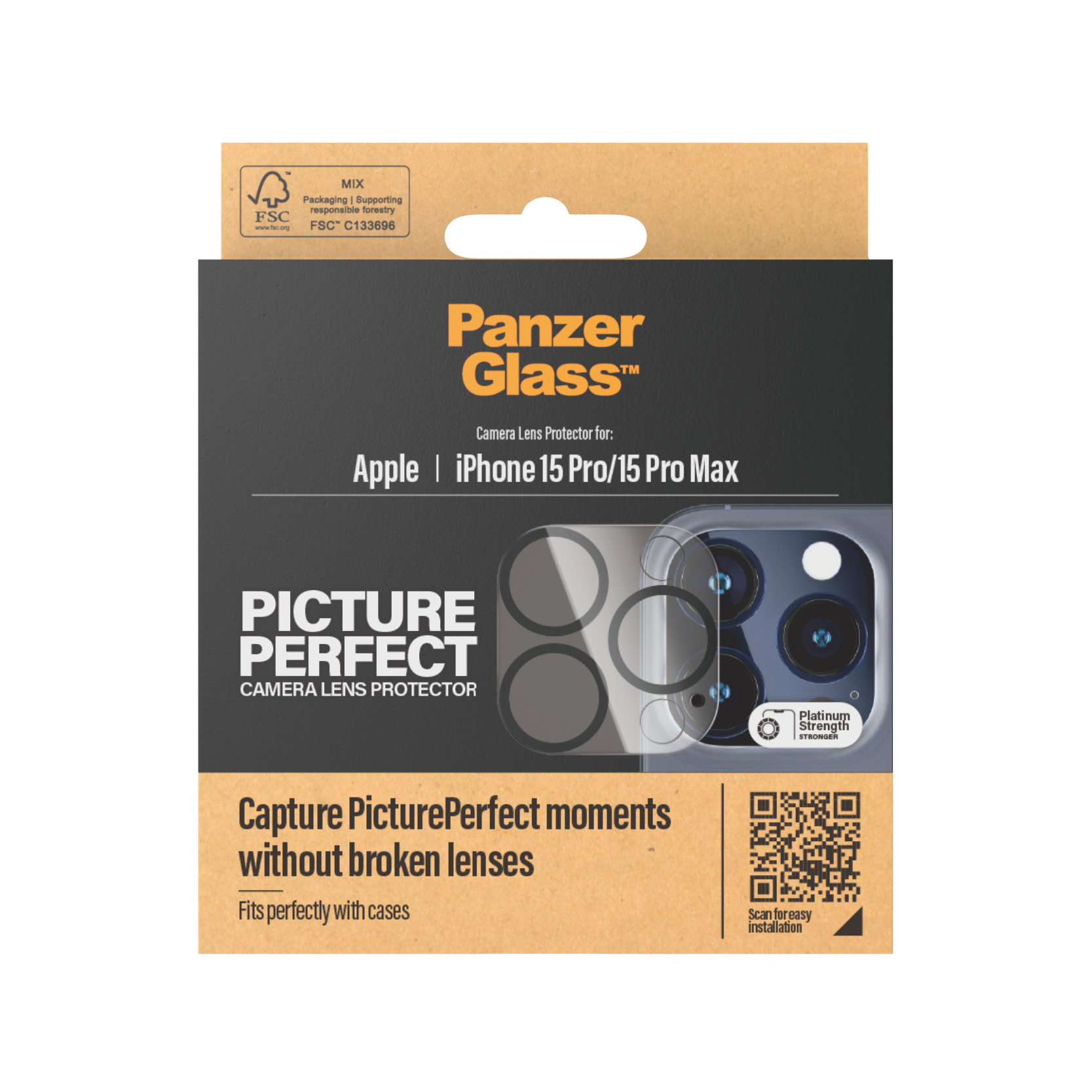 Packaging shows PanzerGlass camera lens protector for iPhone 15 Pro/Pro Max. Includes product name, phone graphic, and QR code.