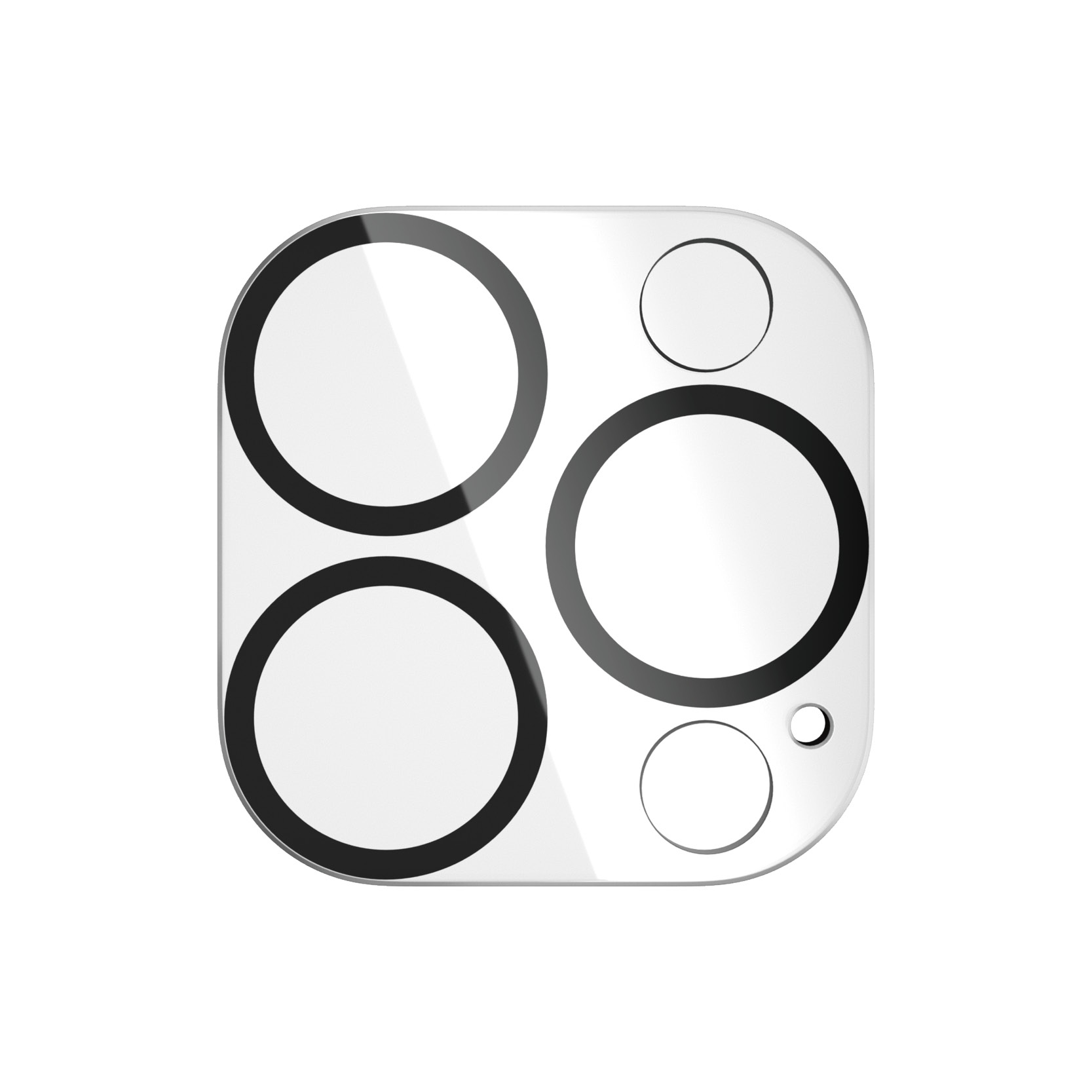 A transparent camera lens protector with black rings around the lenses, isolated on white.