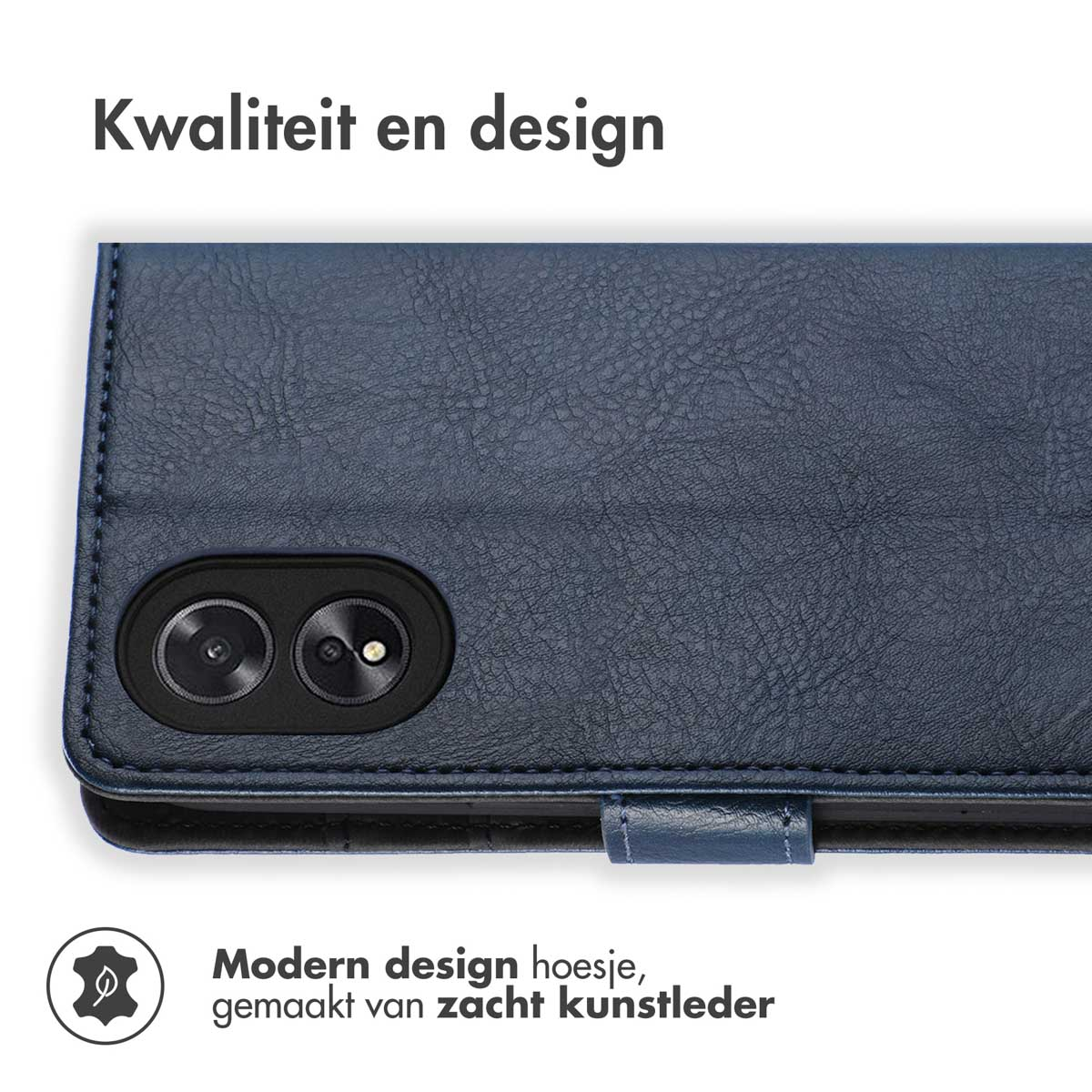 Custodia per telefono con un design in pelle blu. Il testo recita 'Modern design hoesje, gemaakt van zacht kunstleder'.