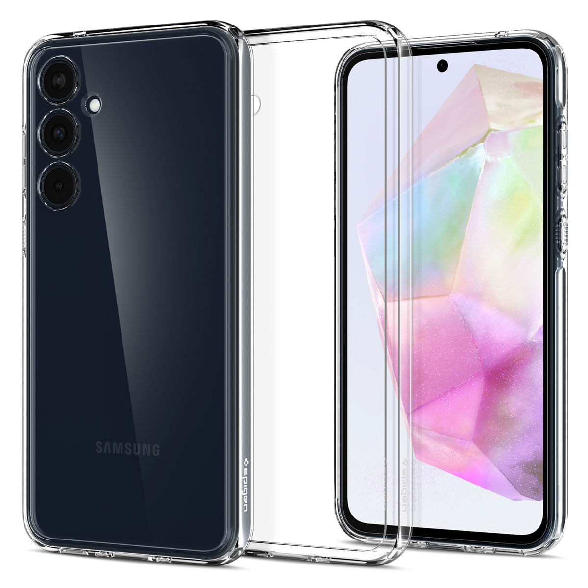 Téléphone avec une coque transparente, montrant l'arrière et l'écran. La coque protège le téléphone.