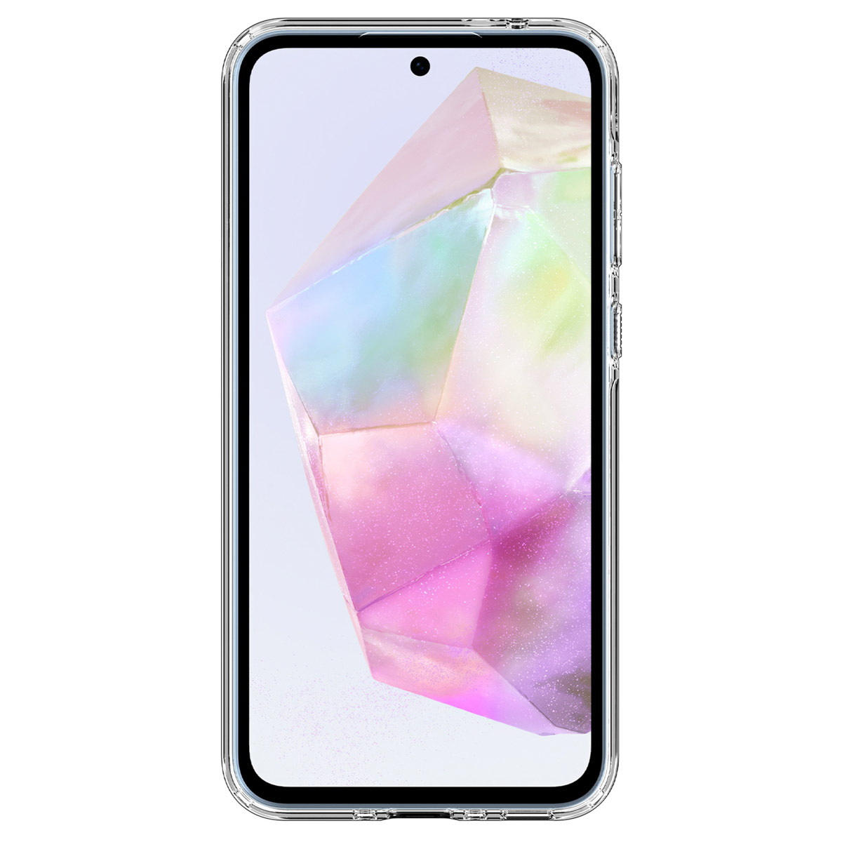 Coque de téléphone transparente sur un téléphone. Le fond montre une image numérique d'un cristal.