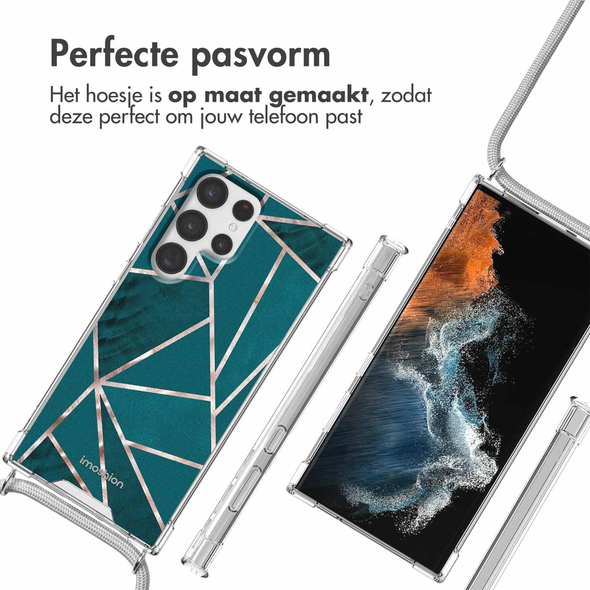 Twee telefoons met hoesjes. Eén is blauwgroen en geometrisch, de andere is transparant en op een telefoon.