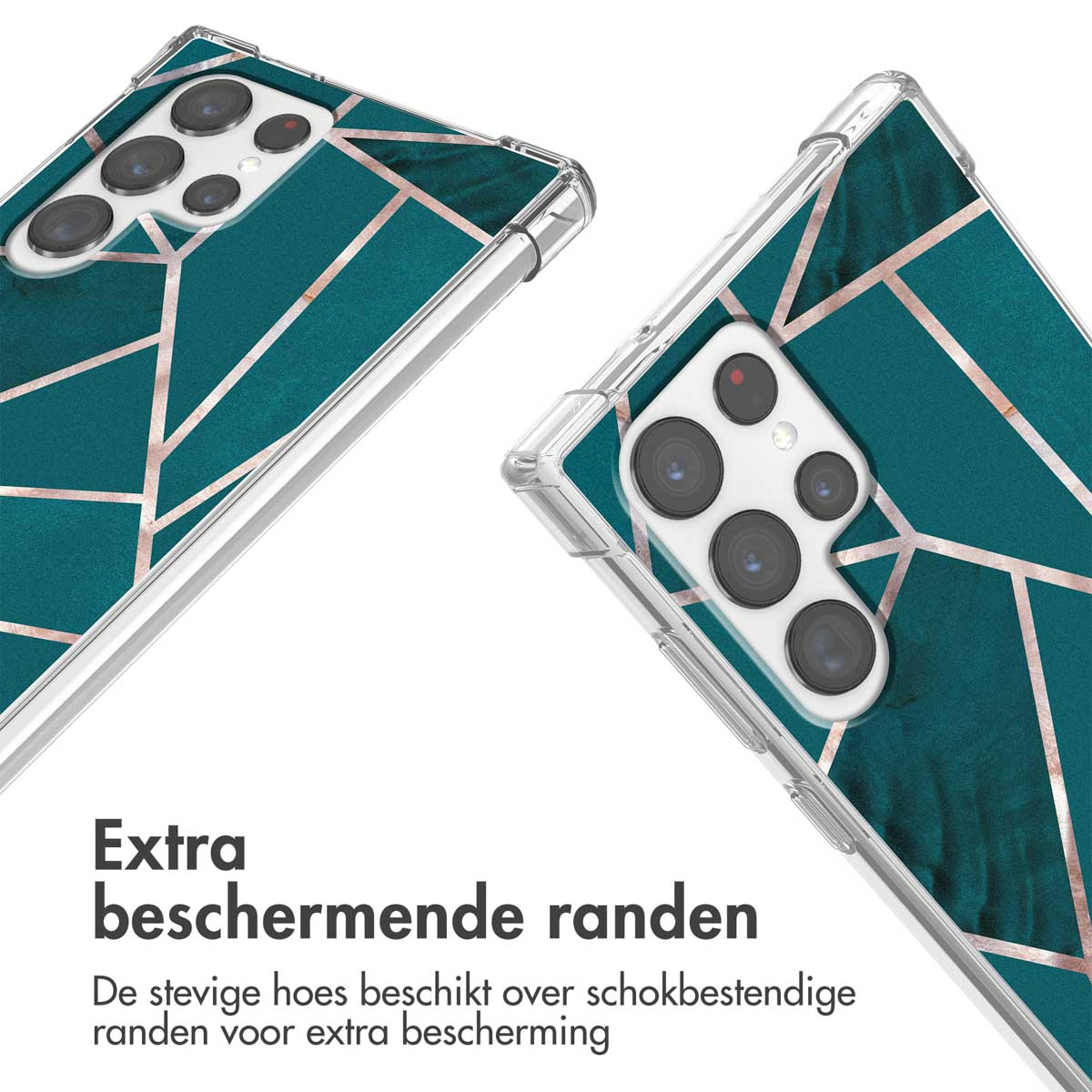 Twee telefoonhoesjes met een turquoise en gouden geometrisch patroon. Tekst geeft extra bescherming aan.