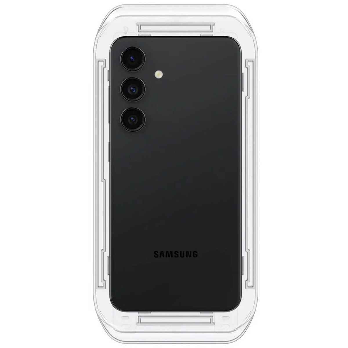 Przezroczyste etui na telefon wokół czarnego telefonu. Obiektywy aparatu są widoczne, a telefon ma logo Samsung.