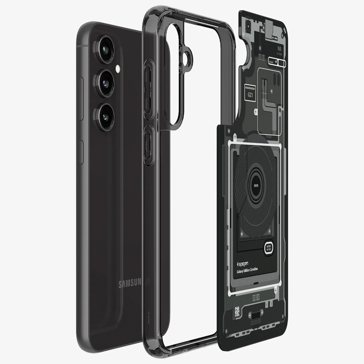 Een transparante telefoonhoes met een explosietekening die interne componenten toont.