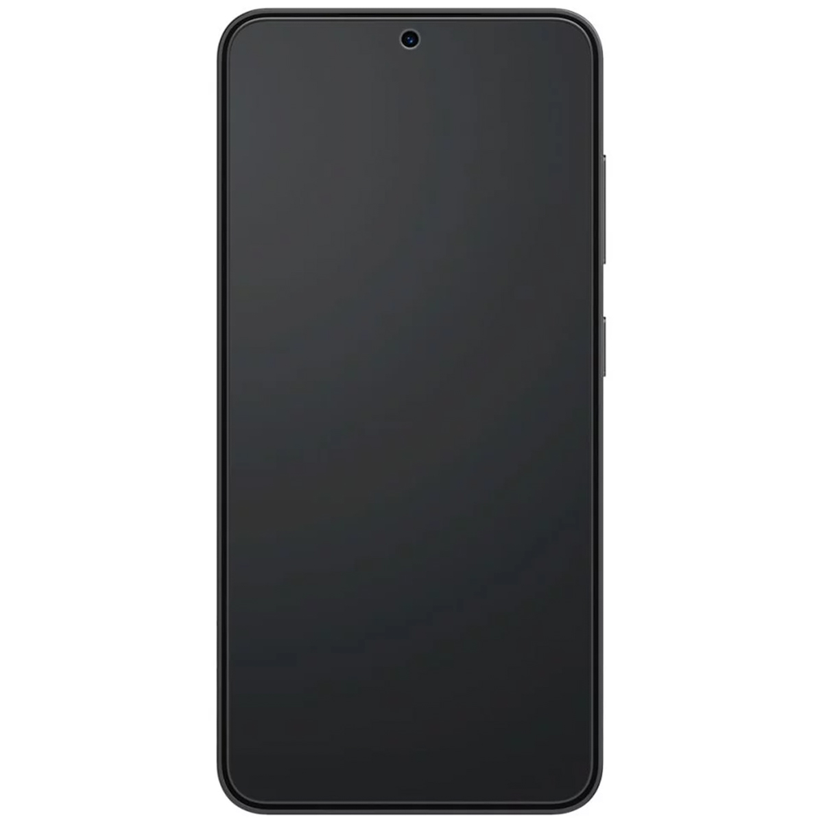 Czarny smartfon z ciemnym ekranem. Widok z przodu, prosty design. Brak widocznych szczegółów.