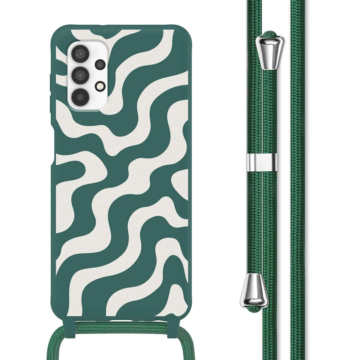 Telefoonhoesje met een groen en wit golvend ontwerp. Groen koord bevestigd. De telefoon is zichtbaar. Witte achtergrond.