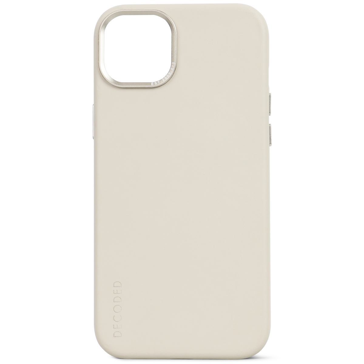 Een beige telefoonhoesje met het woord DECODED onderaan en zilver rond de camera.