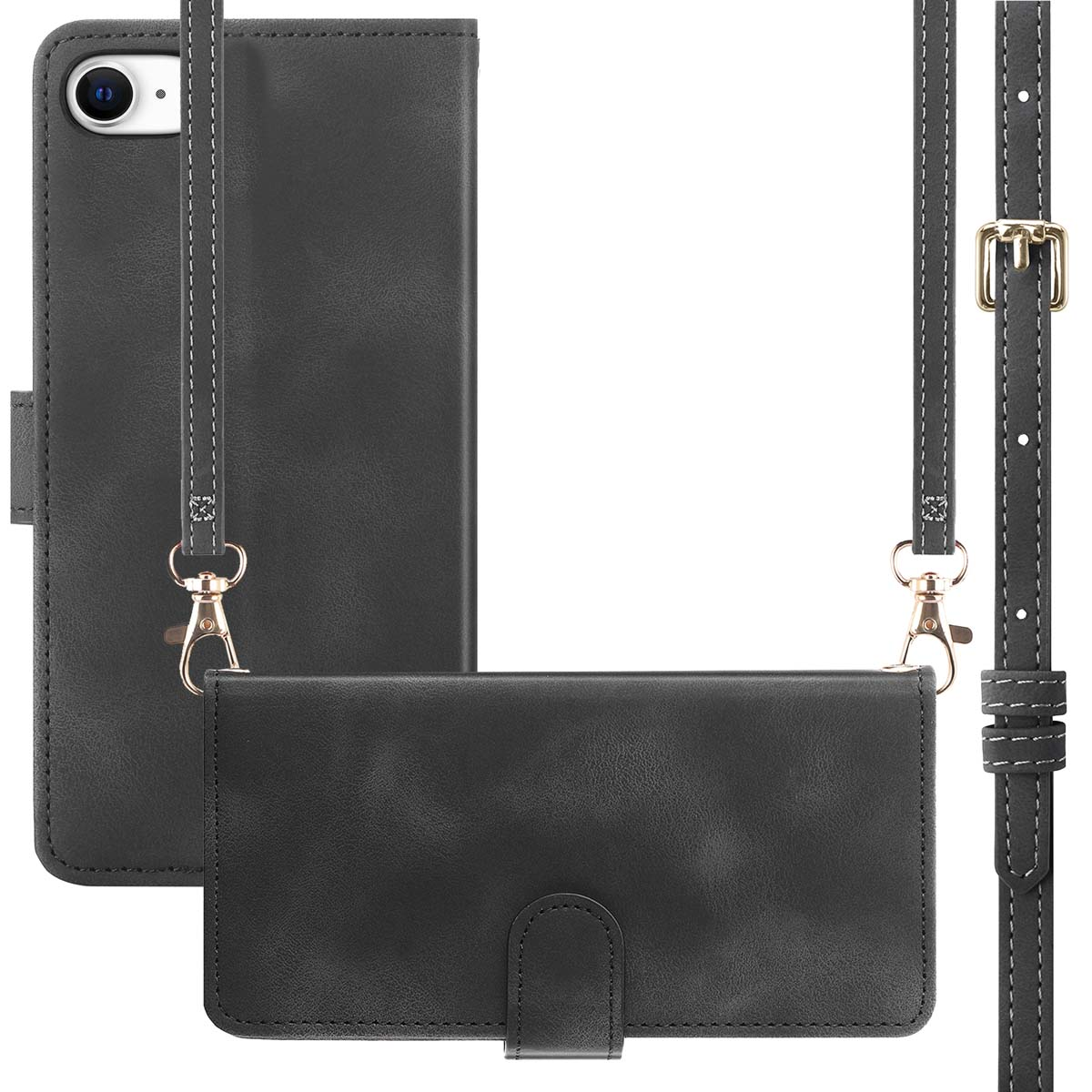 Coque de téléphone noire avec sangle et design portefeuille, fond blanc.