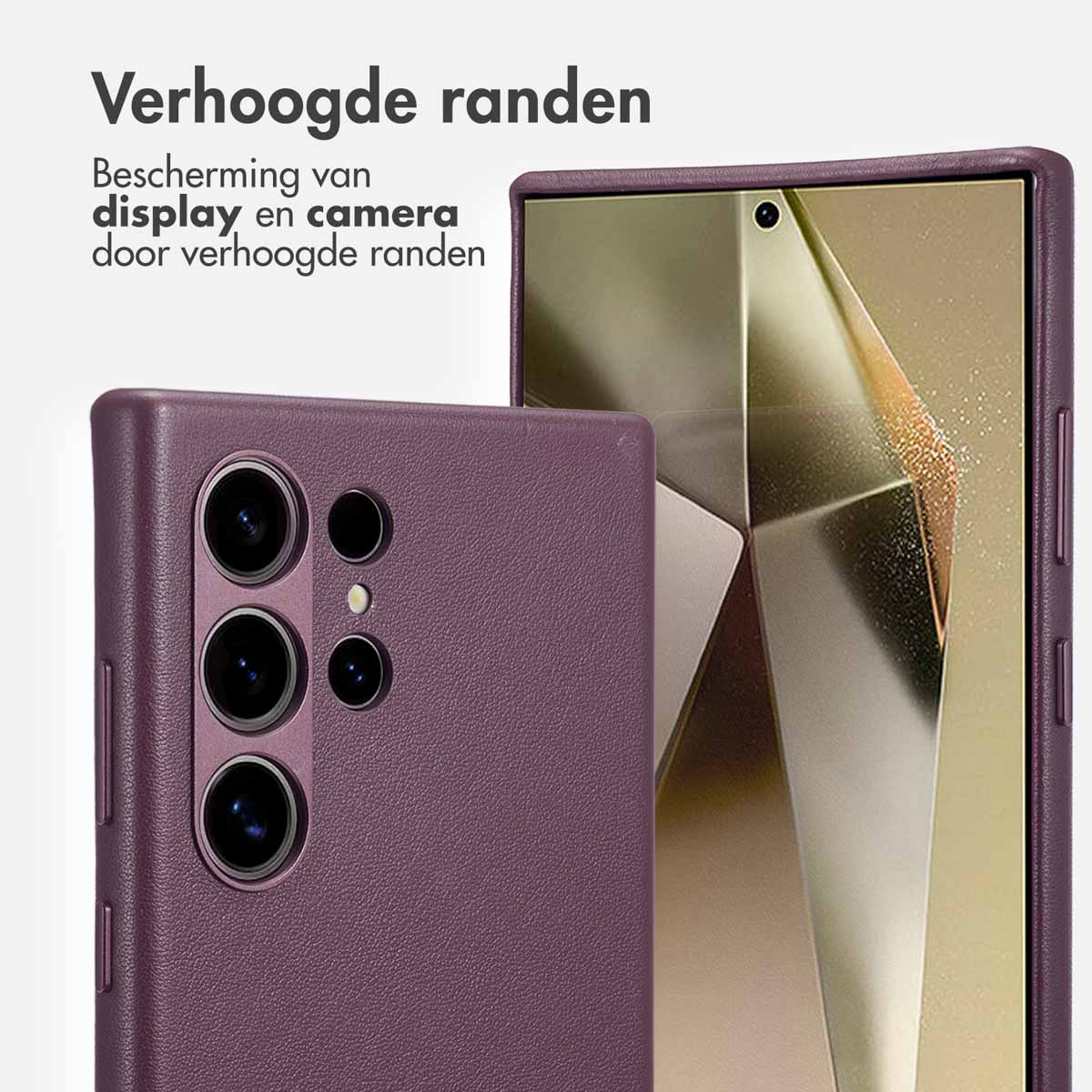 Paarse telefoonhoes met verhoogde randen. De hoes zit op een telefoon. Er zit een camera op de achterkant.