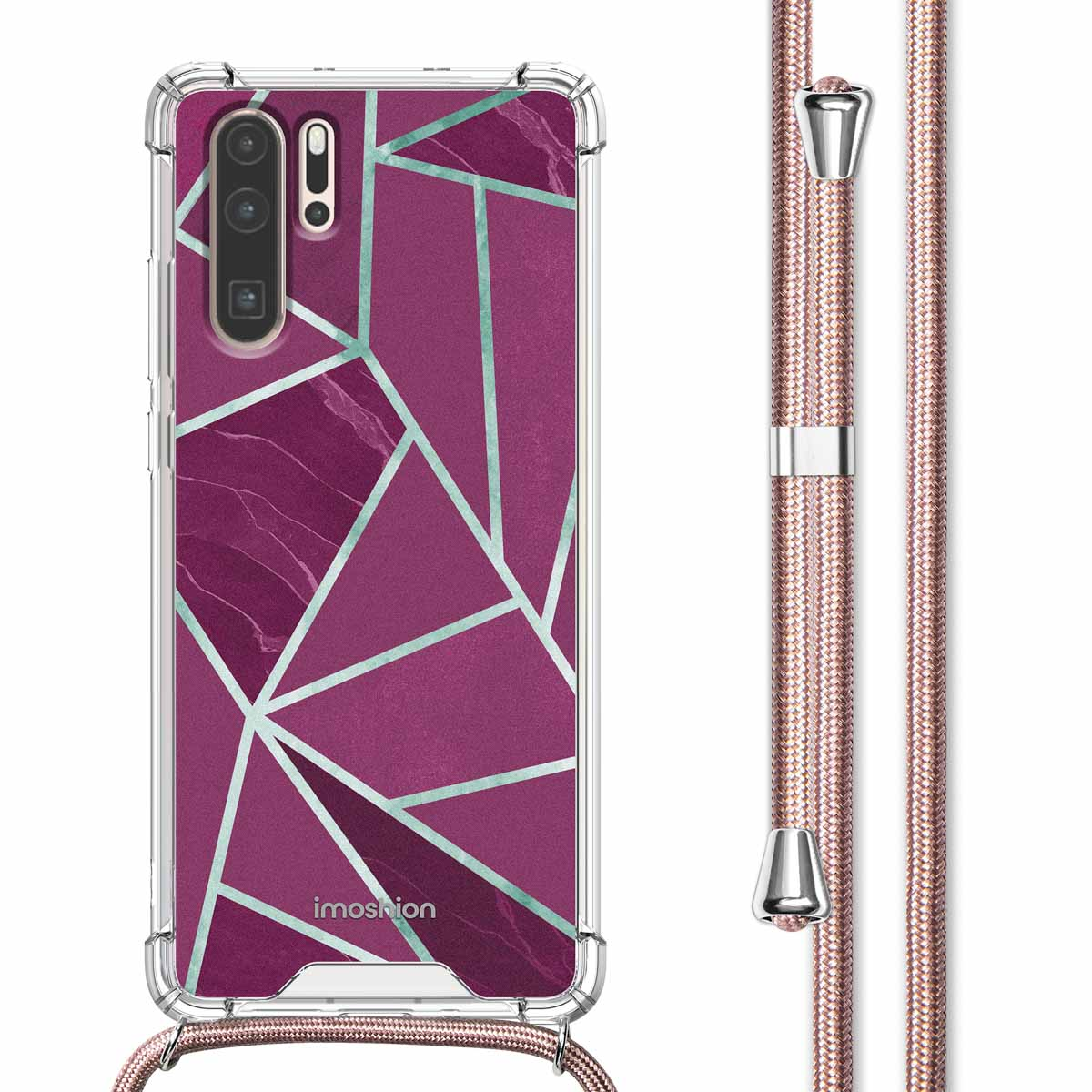Paarse telefoonhoes met geometrisch patroon en riem, witte achtergrond.