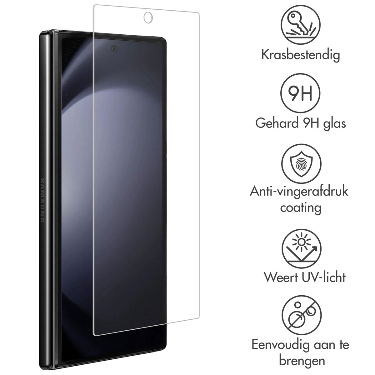 A phone and screen protector. The protector is transparent. Icons indicate scratch resistance and other features.