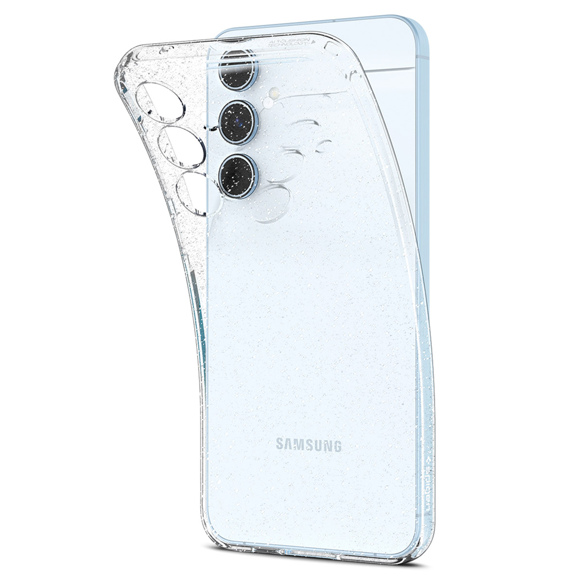 Een transparante telefoonhoes met een glitterende achterkant en een telefoon erin. Samsung logo zichtbaar.