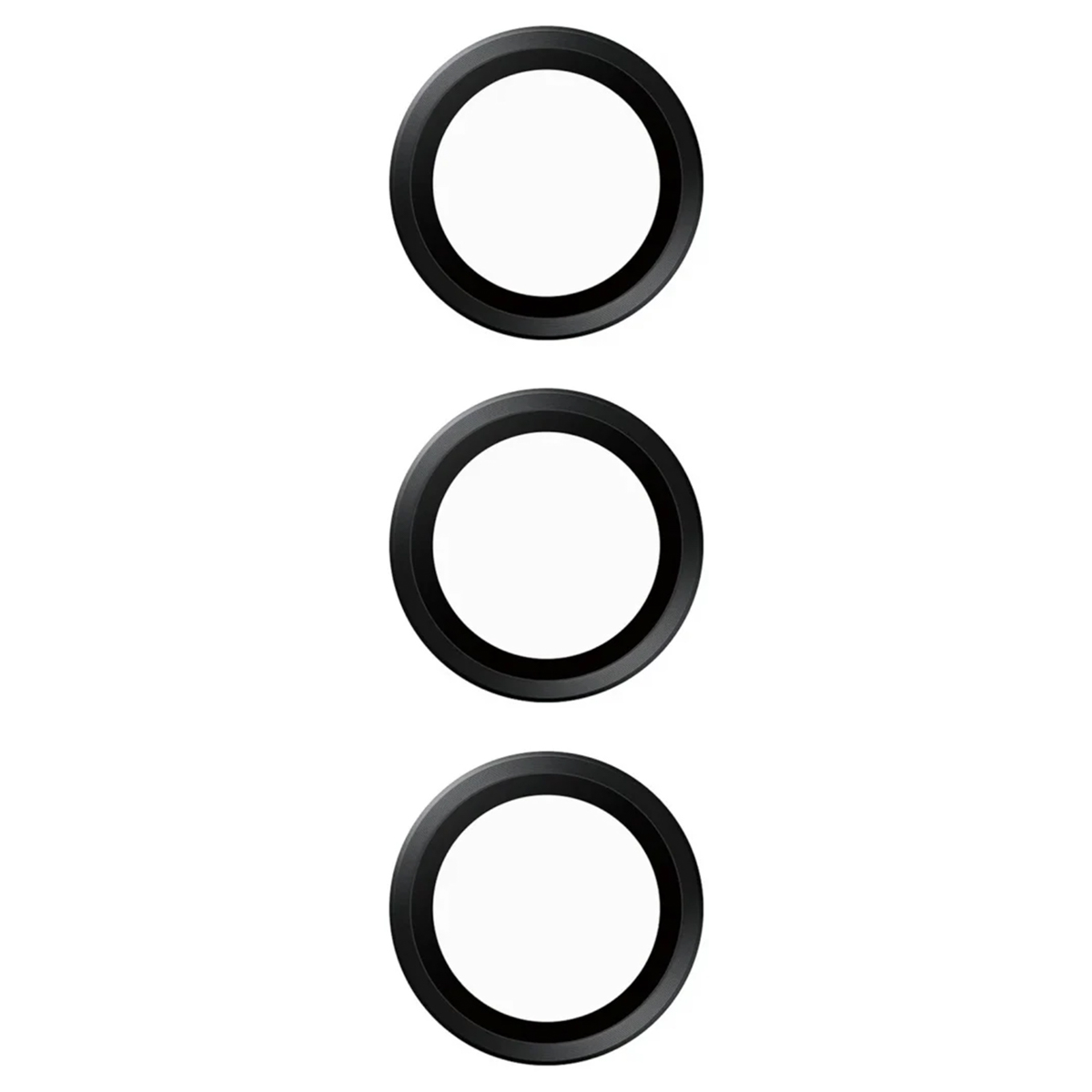 Tre protezioni per lenti della fotocamera nere, disposte verticalmente su sfondo bianco.