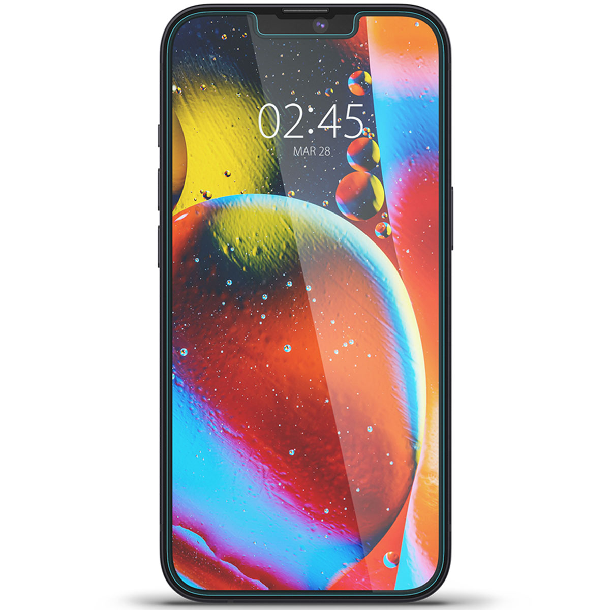 Telefon z nałożoną osłoną ekranu. Telefon ma kolorowy ekran. Ochraniacz jest przezroczysty.