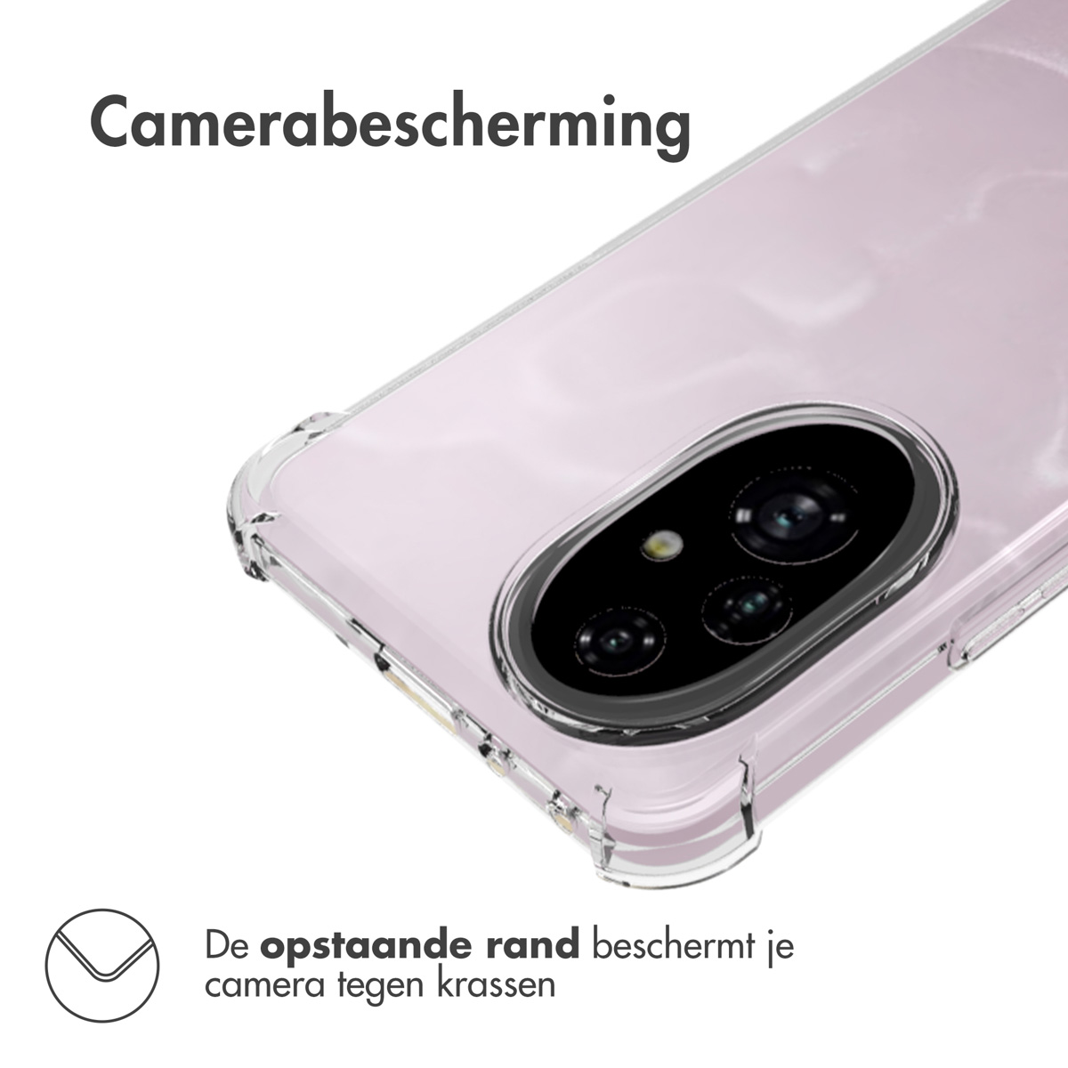 Una custodia rosa con protezione fotocamera e bordo rialzato su sfondo bianco.