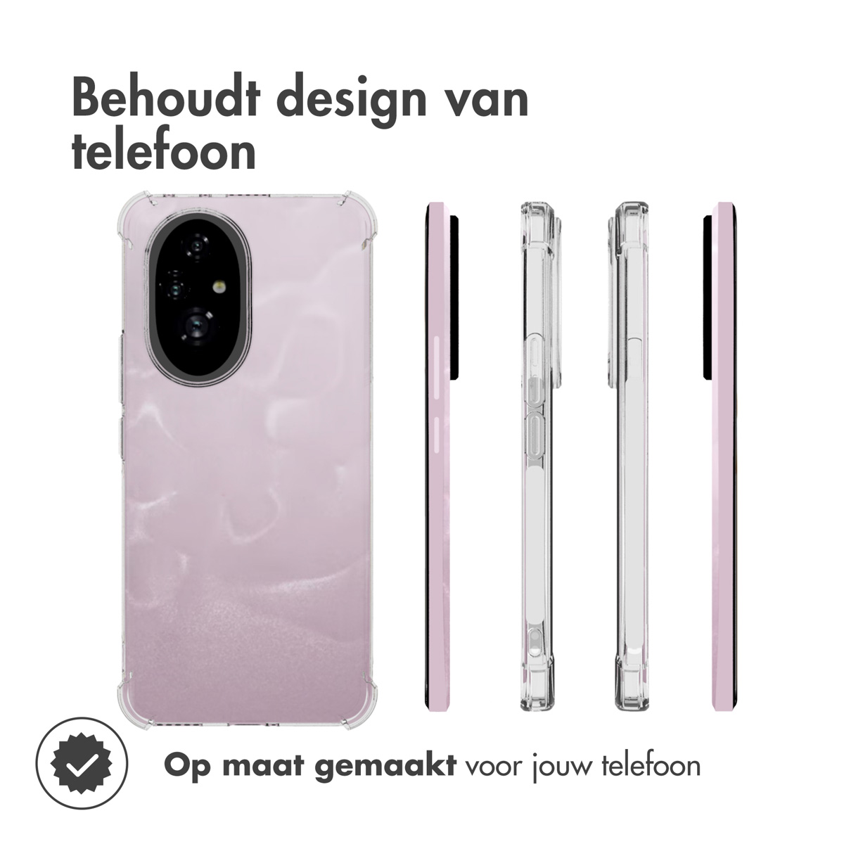 Custodie per telefono in diverse angolazioni. Custodia trasparente con design rosa, che mostra il telefono di lato.