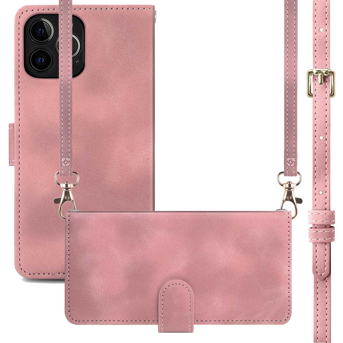 Roze telefoonportemonnee met een riem. De hoes is gesloten, met een telefoon erin.