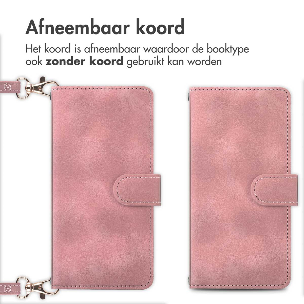Roze telefoonhoesje met afneembaar koord, met voor- en achterkant, op een wit oppervlak.