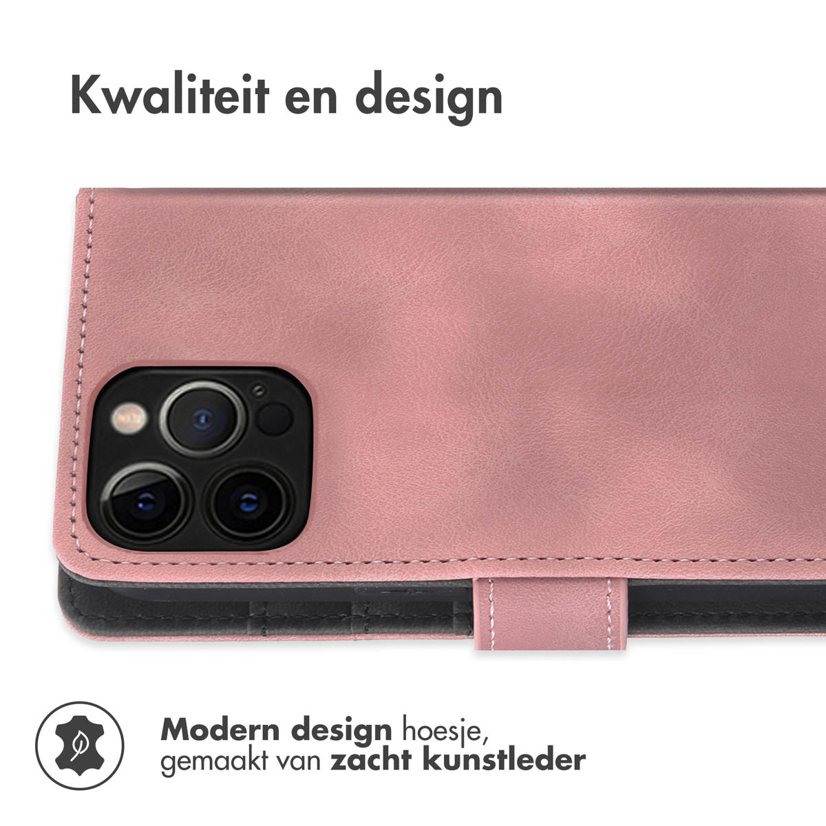 Roze telefoonhoesje met uitsparing voor camera. Tekst op de hoes: Modern design, gemaakt van zacht leer.