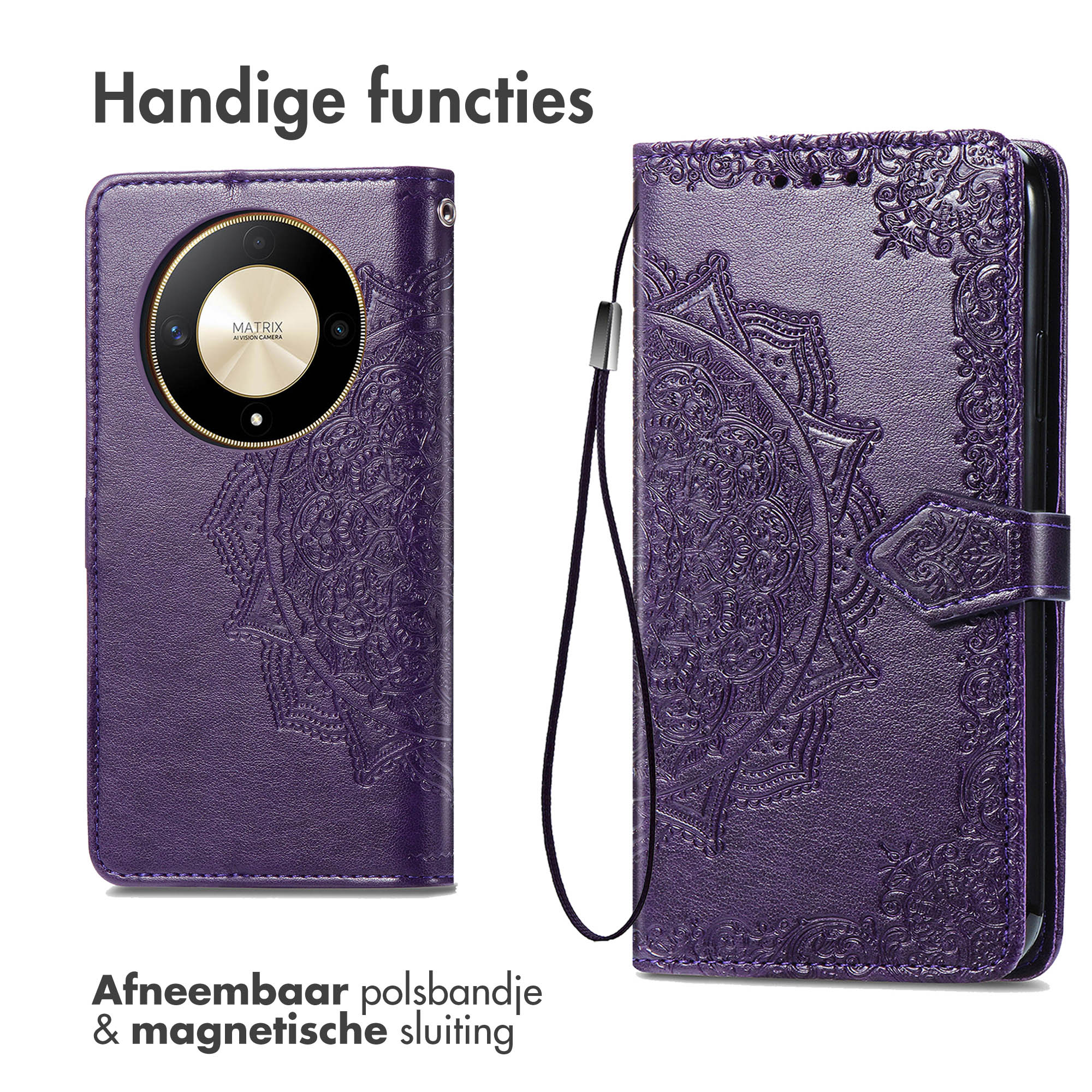 Coque de téléphone violette avec motif mandala, dragonne amovible et fermeture magnétique.