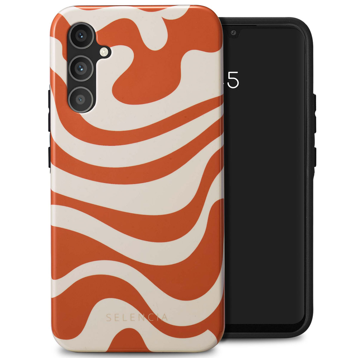 Telefoonhoesje met oranje en wit golvend patroon, telefoon rechts met zwart scherm.