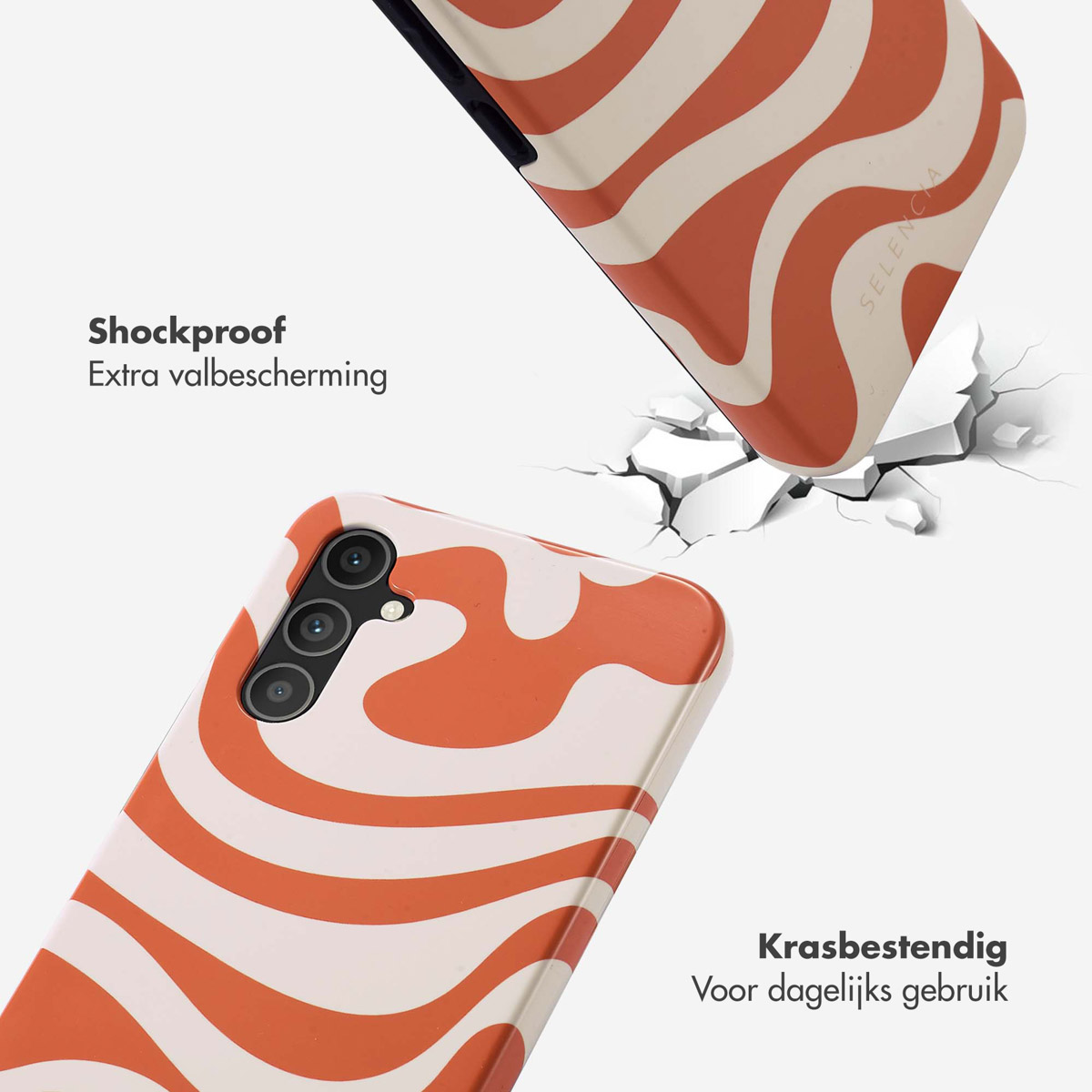 Oranje telefoonhoesjes met golvende patronen en tekst.
