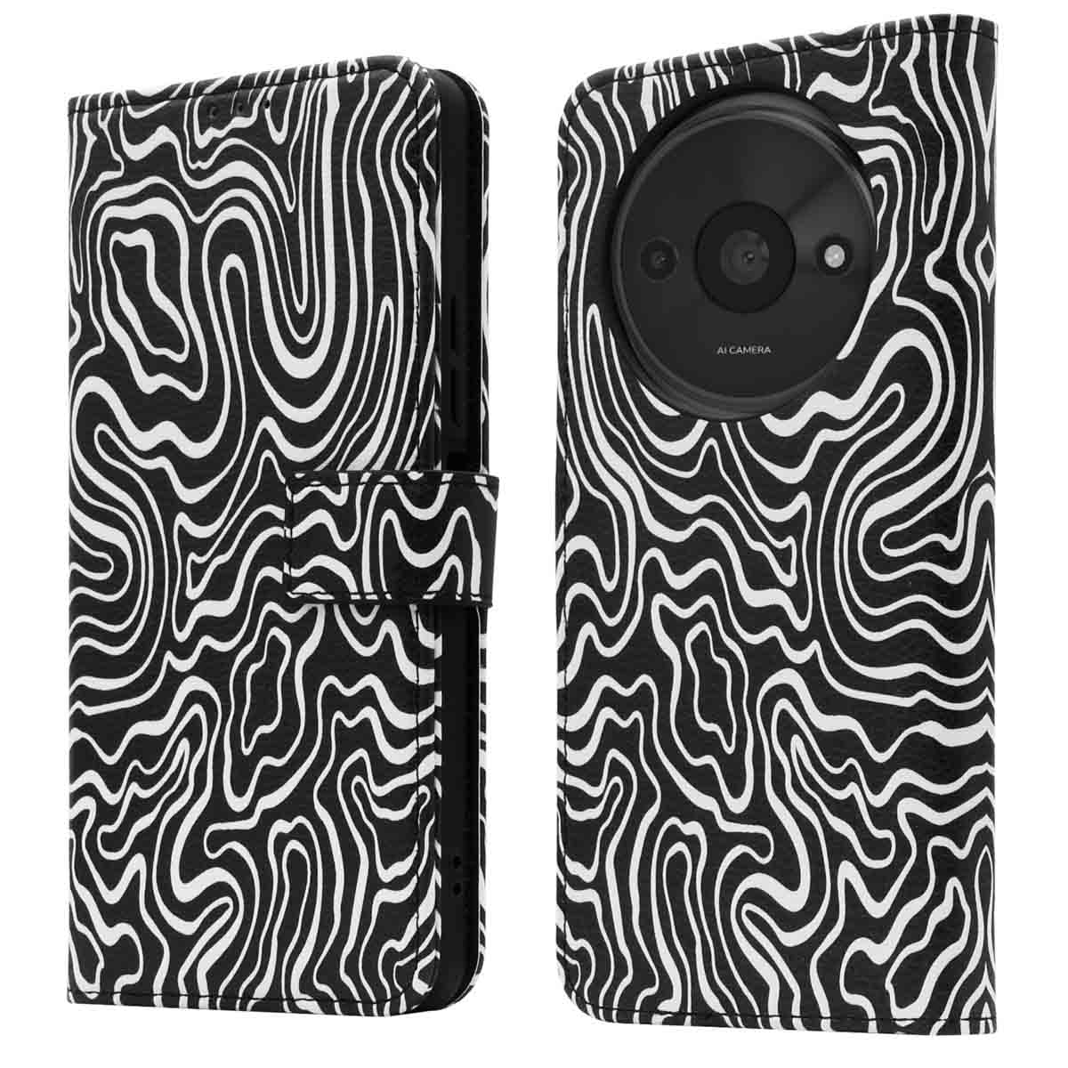 Zwart-witte telefoonhoes met golvende lijnen. Open en gesloten.