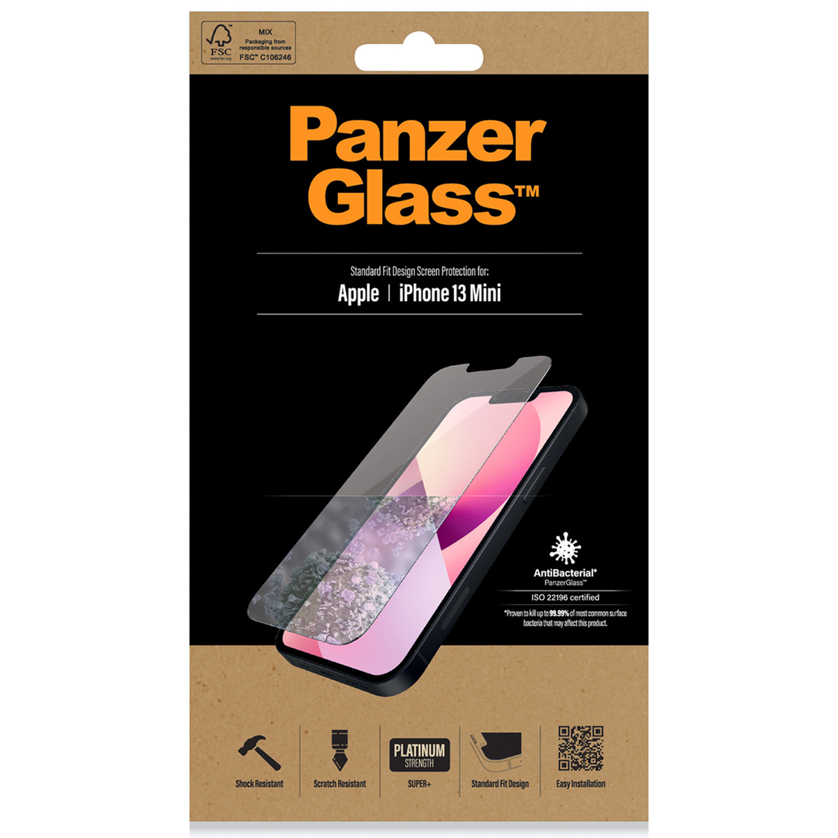 De verpakking van een PanzerGlass schermbeschermer met een telefoon en schermbeschermer.