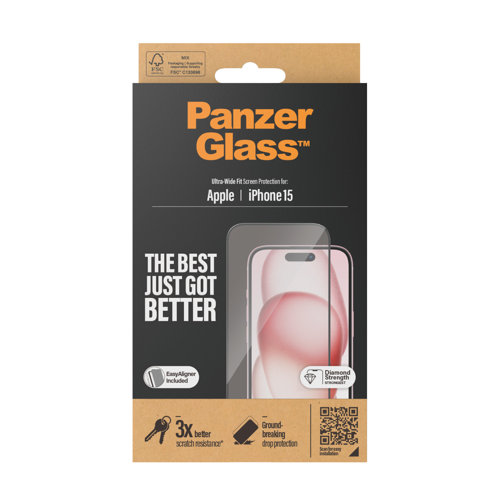 Ekran koruyucu ambalajı. Metin: 'Panzer Glass', 'iPhone 15', '3x daha iyi çizilme direnci'.