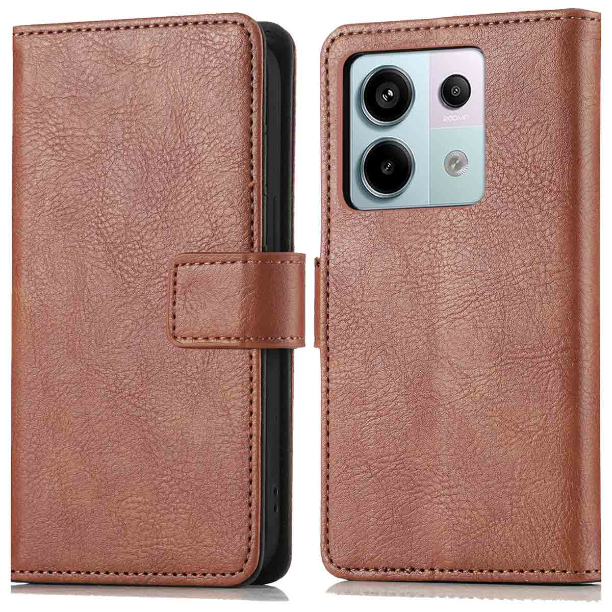 Un étui de téléphone en cuir marron avec une fermeture magnétique et un téléphone montré à droite.