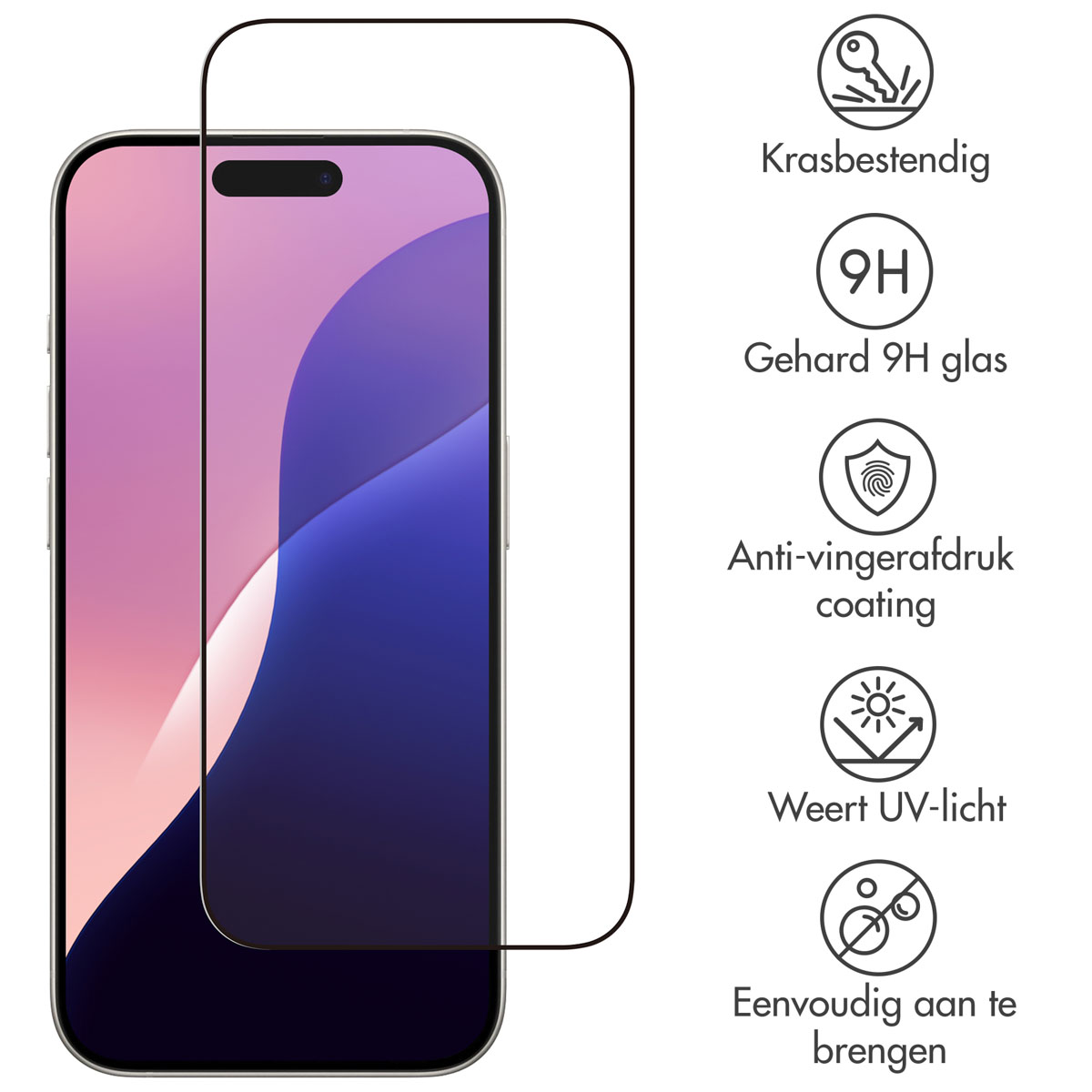 Un téléphone avec un protecteur d'écran, avec du texte sur la résistance aux rayures, le verre et la protection UV.