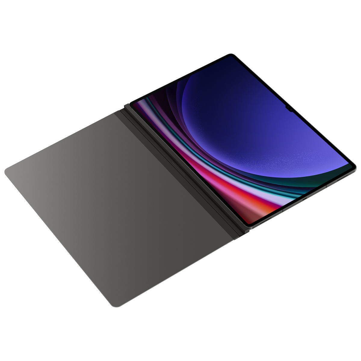 Un tablet aperto su una superficie bianca. Lo schermo mostra un'immagine colorata. La cover è grigia e aperta, posta accanto.
