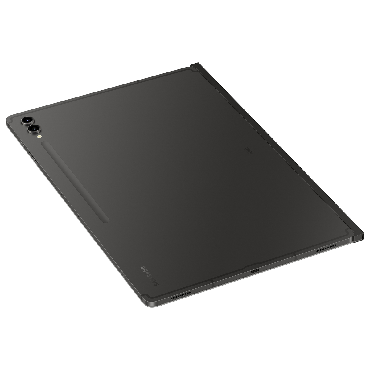 Tablet nero con stilo, visto da un'angolazione, su sfondo bianco.