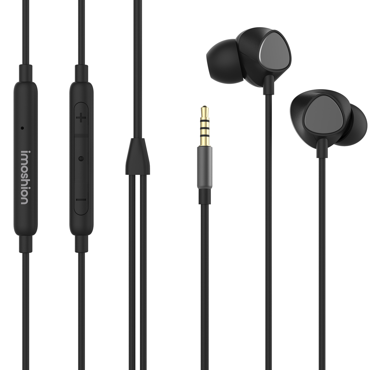 Black earphones with a control and a jack. The ear buds are black as well.